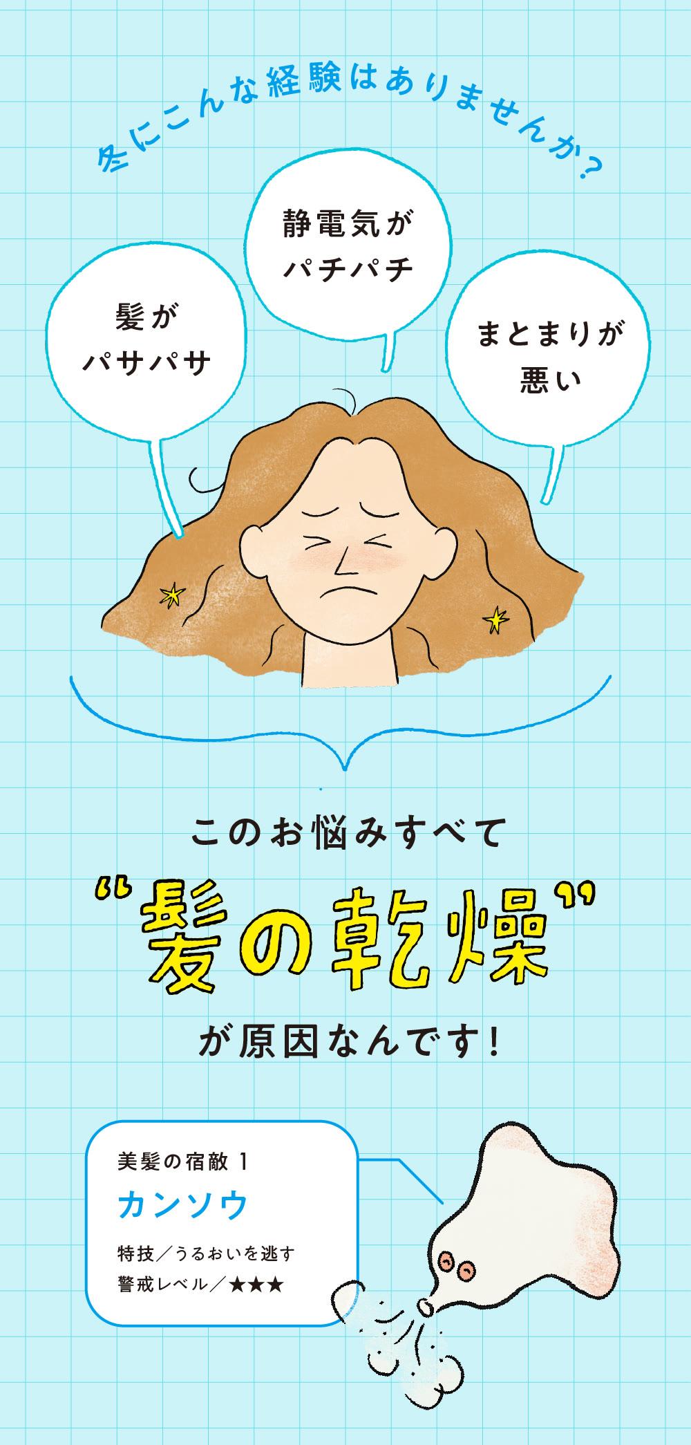 乾燥による静電気や髪の悩み紹介