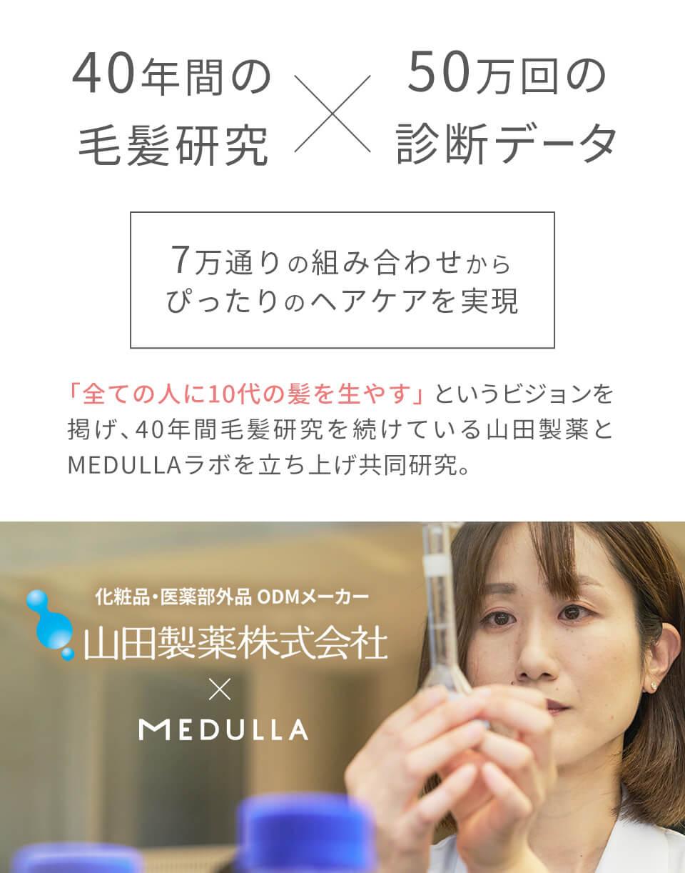40年間の毛髪研究×50万回の診断データ　化粧品・医薬部外品ODMメーカー山田製薬株式会社　7万通りの組み合わせからぴったりのヘアケアを実現　「全ての人に10代の髪を生やす」というビジョンを掲げ、40年間毛髪研究を続けている山田製薬所とMEDULLAラボを立ち上げ共同研究。